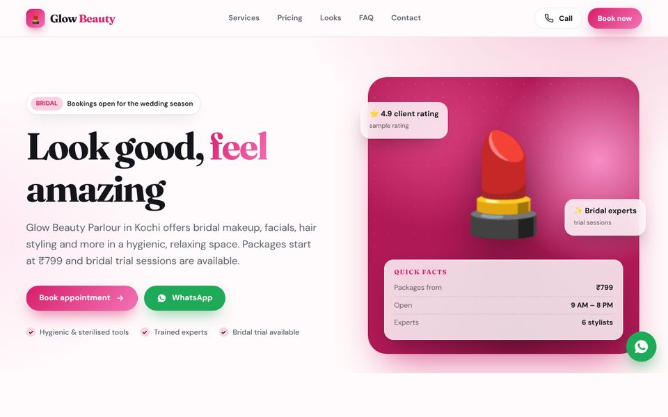 Beauty & Salon website demo preview: Glow Beauty Parlour