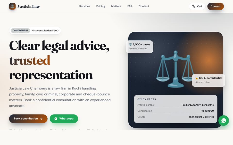Legal & Professional Services website demo preview: Justicia Law Chambers