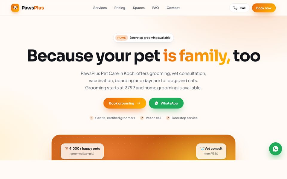 Pet Care & Grooming website demo preview: PawsPlus Pet Care